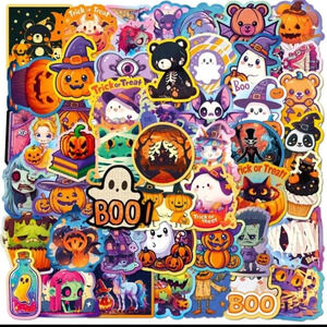 Orange Halloween party vinyl sticker 50 piece multicolored bear cat pumpkin set